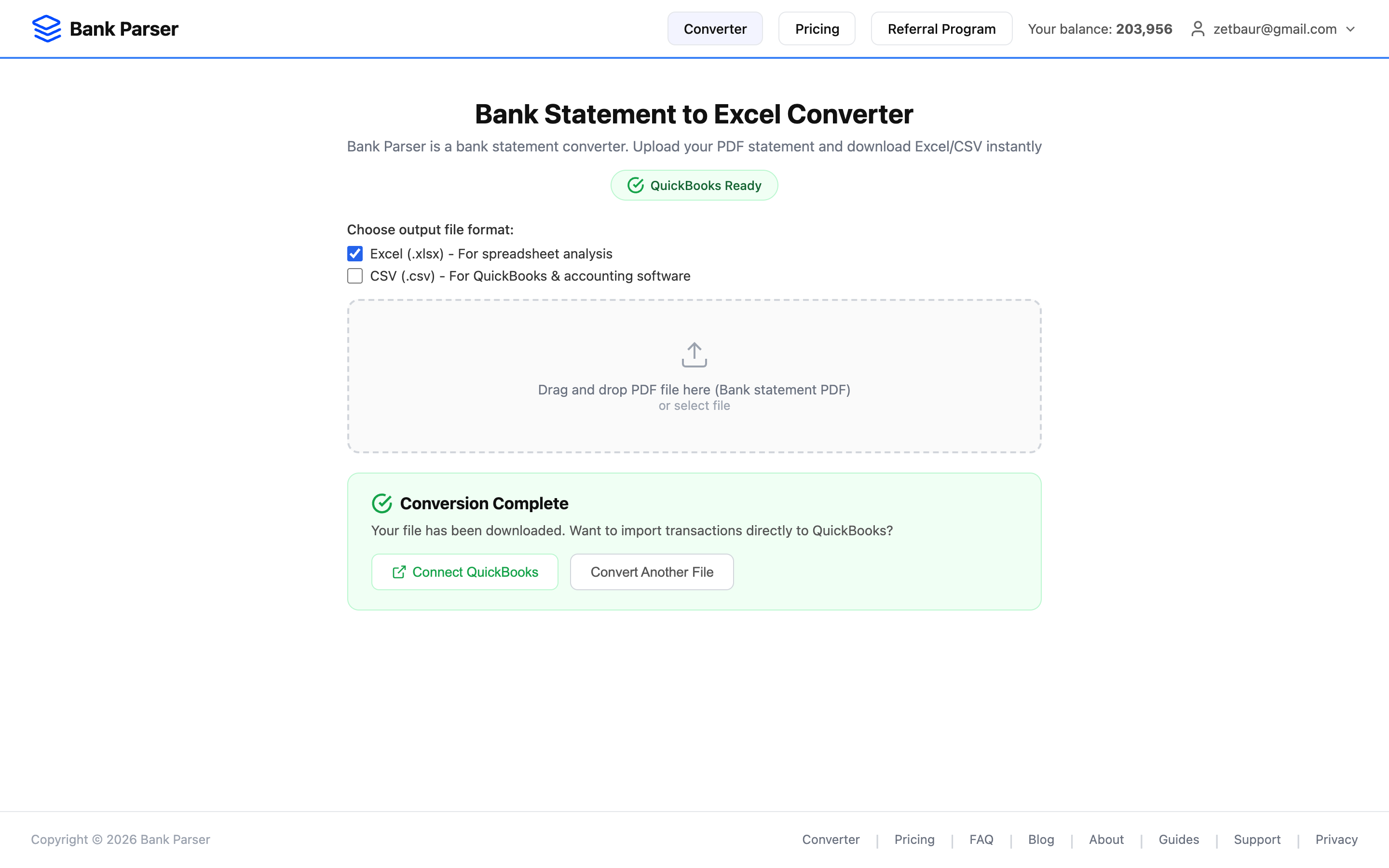 Conversion complete - download Excel or send to QuickBooks